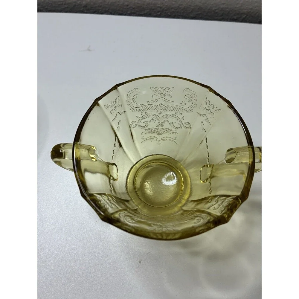 Federal Madrid Depression Amber Yellow Glass Open Sugar Bowl Dish Vintage